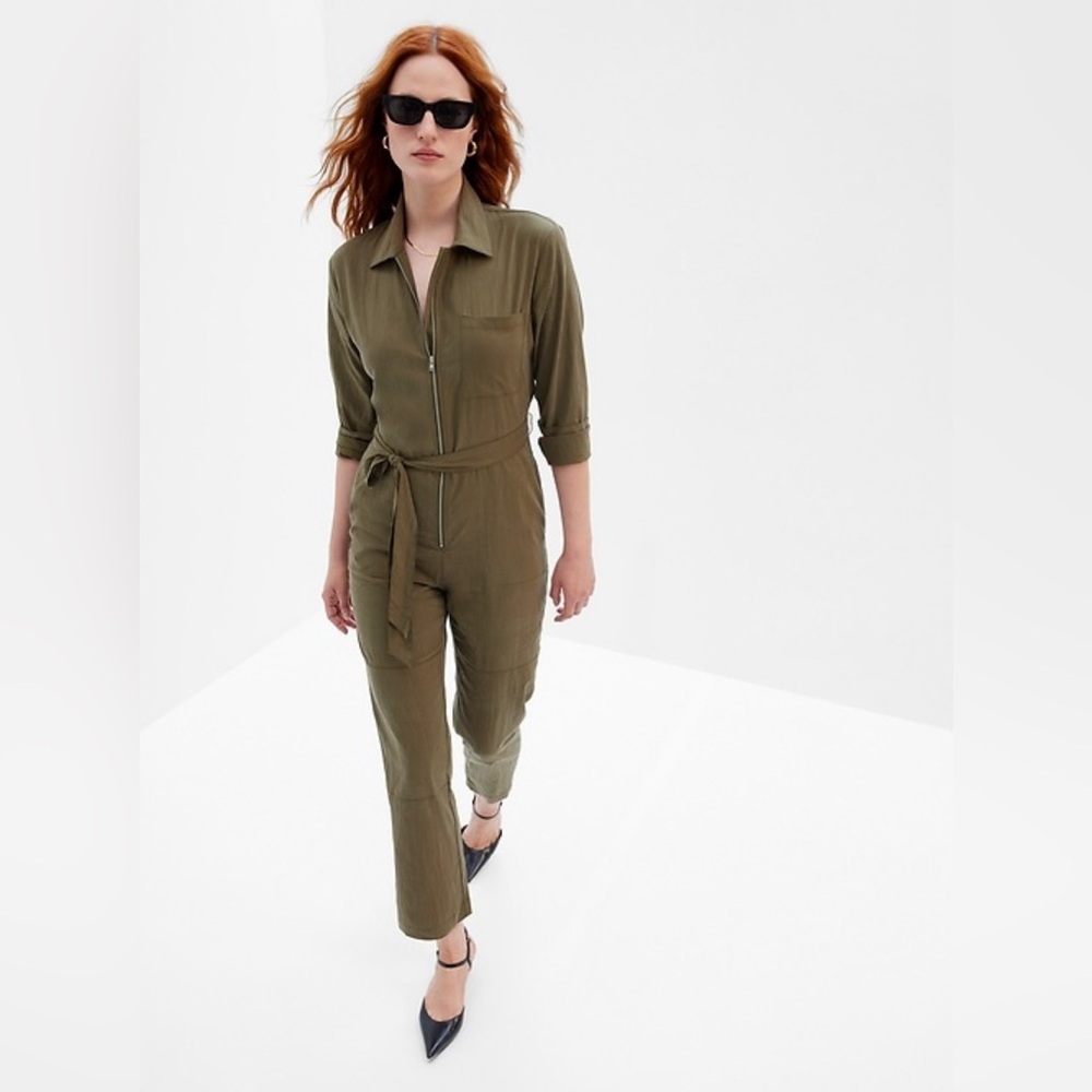 Gap Long Sleeve Zip Front Jumper Army Jacket Green Lyocell Jumpsuit Size 8